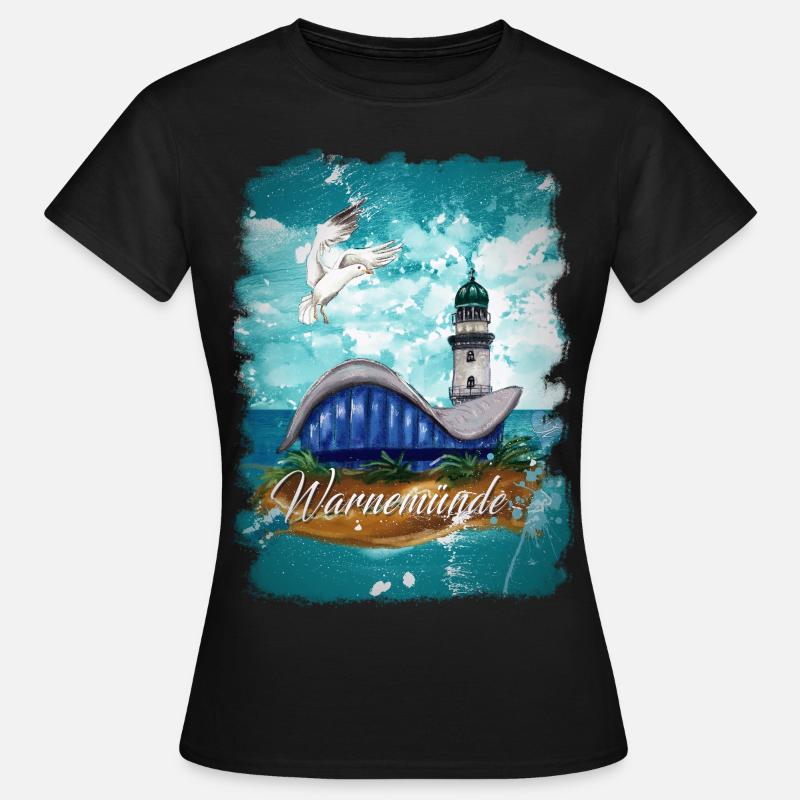Warnemünder Teepot und Leuchtturm mit Möwe - Frauen T-Shirt - Schwarz