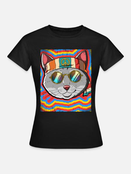 Hippie Katze Psychedelisch Trippy - Frauen T-Shirt - Schwarz