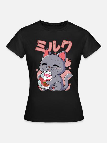 Kawaii Katze Erdbeermilch - Frauen T-Shirt - Schwarz