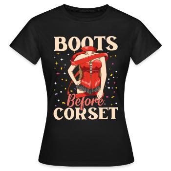 Boots Before Corset - Frauen T-Shirt - Schwarz - Vorne - AI Model Female 172 dark (172cm)