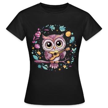 Niedliche Eule Vogel Federn Blumen Gitarre - Frauen T-Shirt - Schwarz - Vorne - AI Model Female 172 dark (172cm)