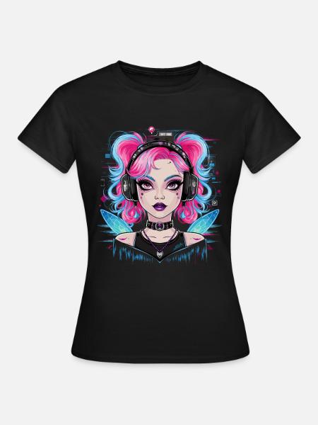 Niedliche Katzenfrau mit Kopfhörer - Frauen T-Shirt - Schwarz