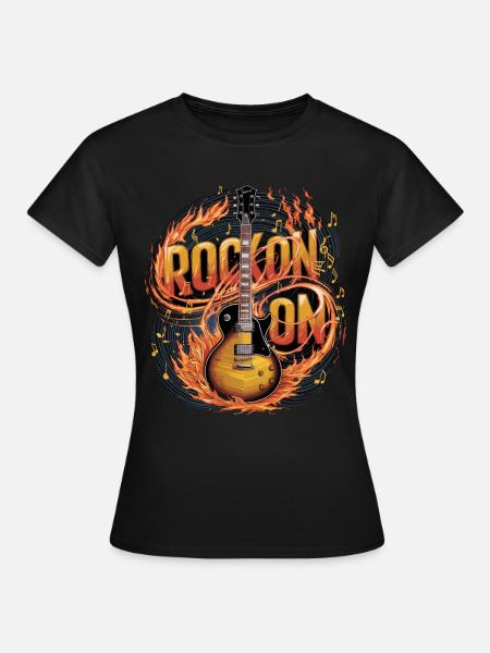 Feurige Musikgitarre mit Rock On Design - Frauen T-Shirt - Schwarz