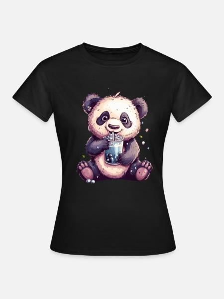 Niedlicher Panda mit Tee - Frauen T-Shirt - Schwarz