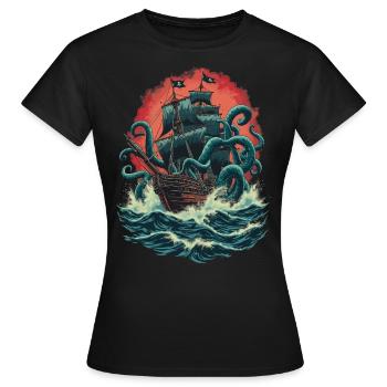 Bateau pirate Kraken Ocean Bataille Monstre marin géant - T-shirt Femme - noir - Devant - AI Model Female 172 dark (172cm)