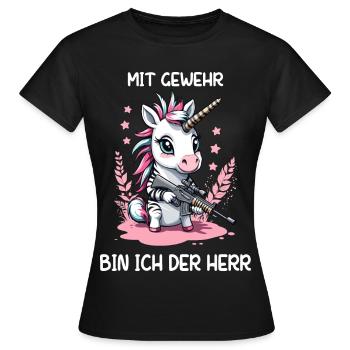 Unicorn with hunting rifle - Women's T-Shirt - black - Front - AI Model Female 172 dark (172cm)