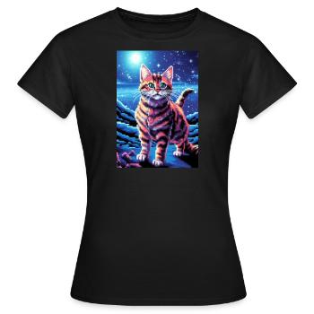 Kosmische Katze: Ein Pixelart-Abenteuer im Weltrau - Frauen T-Shirt - Schwarz - Vorne - AI Model Female 172 dark (172cm)