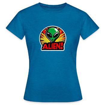 Alien Comic Sticker Explosion Design - Women's T-Shirt - antique blue sapphire heather - Front - AI Model Female 172 dark (172cm)