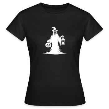 Unheimliches Halloween Gespenst mit Kürbislampe - Frauen T-Shirt - Schwarz - Vorne - AI Model Female 172 dark (172cm)
