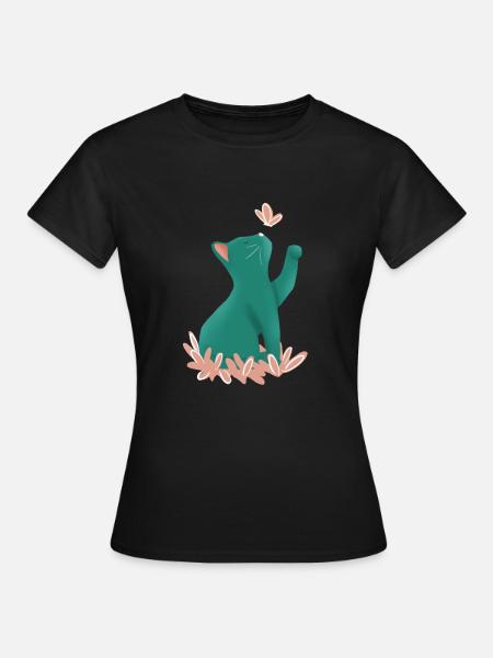 Blue kitten and pink butterfly - Women's T-Shirt - black