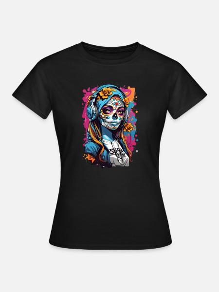 Fille crâne avec des écouteurs - T-shirt Femme - noir
