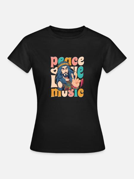 Hippie Retro Design - Frieden, Liebe, und Musik - Frauen T-Shirt - Schwarz