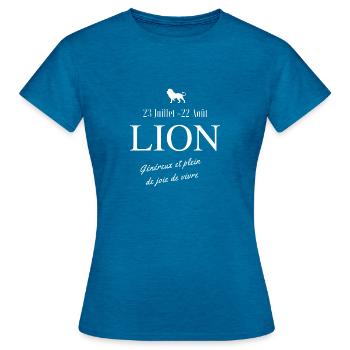 Lion signe astrologique - T-shirt Femme - bleu saphir antique chiné - Devant - AI Model Female 172 dark (172cm)
