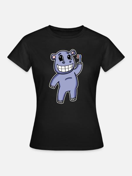 Nilpferd mit Zahnbürste - Frauen T-Shirt - Schwarz