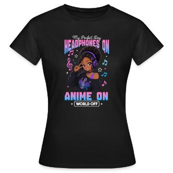Anime and Music Chibi Black Girl - Frauen T-Shirt - Schwarz - Vorne - AI Model Female 172 dark (172cm)