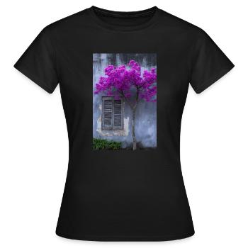 Vibrant Blossom Against Rustic Wall - Women's T-Shirt - black - Front - AI Model Female 172 dark (172cm)