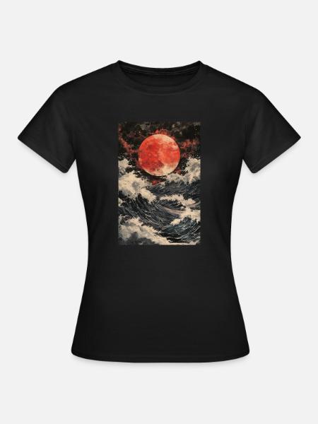 Roter Mond über stürmischem Meer - Frauen T-Shirt - Schwarz