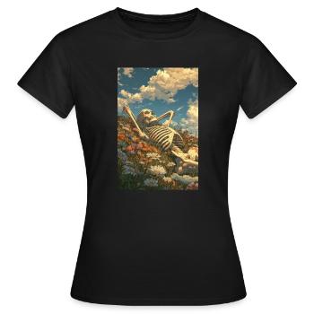 Entspannendes Skelett im Blumenfeld - Frauen T-Shirt - Schwarz - Vorne - AI Model Female 172 dark (172cm)