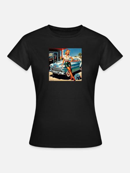 Retro Pinup am Oldtimer - Frauen T-Shirt - Schwarz