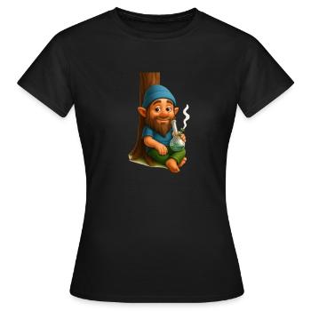 Kiffender Zwerg an Baum lehnend mit Bong Cannabis - Frauen T-Shirt - Schwarz - Vorne - AI Model Female 172 dark (172cm)