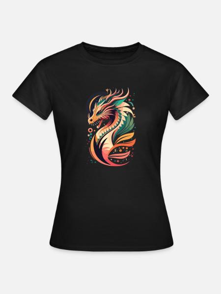 Farbenfroher Drachenkopf – Mystisches Fantasy-Desi - T-shirt dam - svart