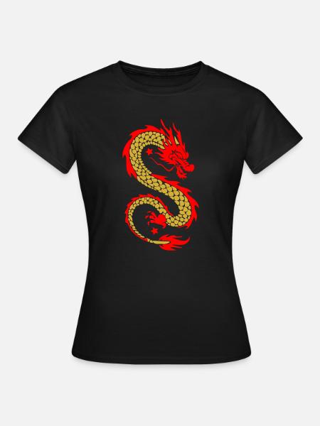 Goldene Drachenflamme – Chinesisches mythisches Emblem - Frauen T-Shirt - Schwarz