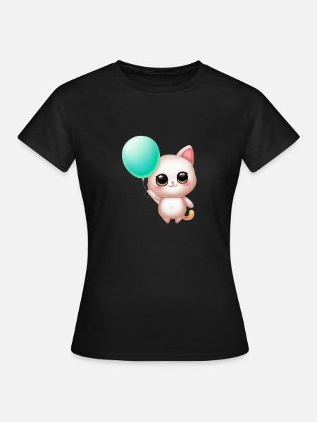 Katze mit Ballon - Frauen T-Shirt - Schwarz