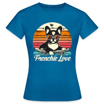 Frenchie Love Design rétro - T-shirt Femme - bleu saphir antique chiné - Devant - AI Model Female 172 dark (172cm)
