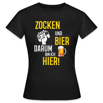 Zocken und Bier darum bin ich hier Gamer LAN Party - Frauen T-Shirt - Schwarz - Vorne - AI Model Female 172 dark (172cm)
