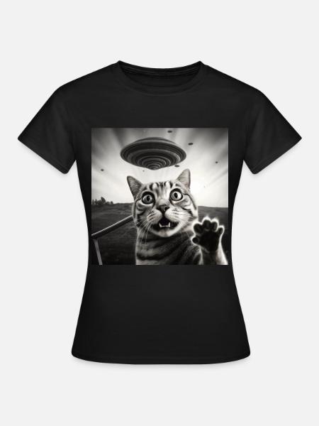 Funny Scared Cats Selfie UFO Alien - T-skjorte for kvinner - svart