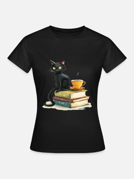 Cats Books Tea Reading - Cute Funny Graphic - Frauen T-Shirt - Schwarz