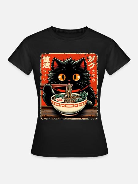 Chat Ramen Nouilles Anime Japonais Chat Chaton - T-shirt Femme - noir