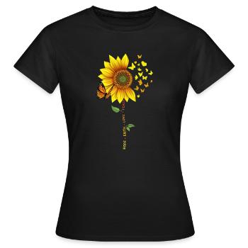"Hope Faith Love Peace" Sonnenblume Schmetterlinge - Frauen T-Shirt - Schwarz - Vorne - AI Model Female 172 dark (172cm)