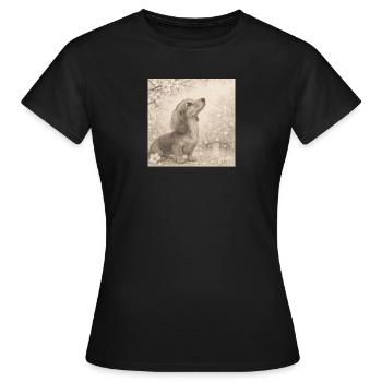 Motif rétro du crayon en fleurs de cerisier teckel - T-shirt Femme - noir - Devant - AI Model Female 172 dark (172cm)