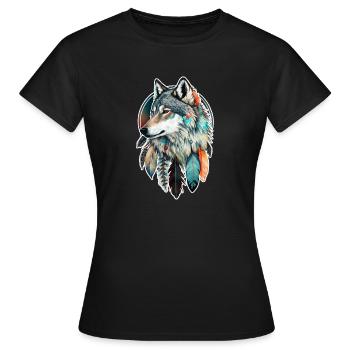 Wolf Aquarell Federn Indianer Wildtier Mandala - Frauen T-Shirt - Schwarz - Vorne - AI Model Female 172 dark (172cm)