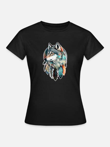 Wolf Aquarell Federn Indianer Wildtier Mandala - Frauen T-Shirt - Schwarz