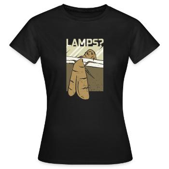 Funny owl figurine with big eyes and lamps text - Women's T-Shirt - black - Front - AI Model Female 172 dark (172cm)