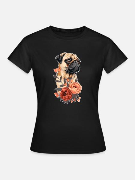 Mops mit Blumen - Frauen T-Shirt - Schwarz