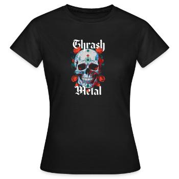 Thrash Metal Design mit Totenkopf und Rosen. - Frauen T-Shirt - Schwarz - Vorne - AI Model Female 172 dark (172cm)