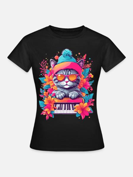 Leuke Kat met Piano - Vrouwen T-shirt - zwart