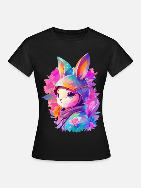 Kaninchenärmel in Aquarell mit Blumen - Frauen T-Shirt - Schwarz