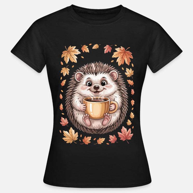 Hérisson d’automne avec tasse à café - T-shirt Femme - noir