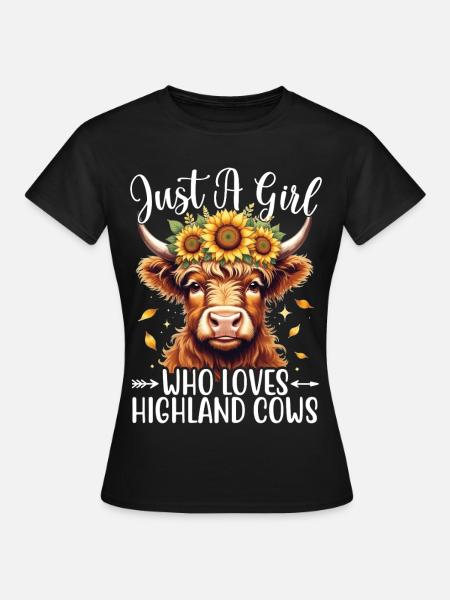 Girl Scottish Highland Cows Sunflowers - Women's T-Shirt - black