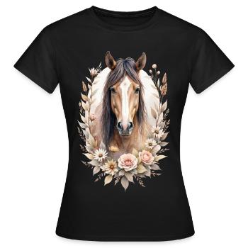 Brown horse with roses - Women's T-Shirt - black - Front - AI Model Female 172 dark (172cm)