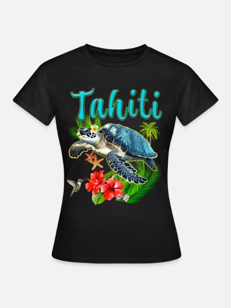 Tahiti Polynésie Française Tortue Fleurs - T-shirt Femme - noir
