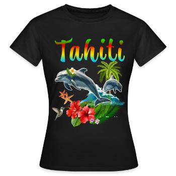 Tahiti Delphin Hibiskus Kolibri Kokospalme - Frauen T-Shirt - Schwarz - Vorne - AI Model Female 172 dark (172cm)