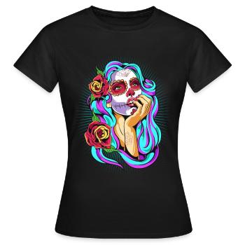 Dia De Los Muertos Mexiko Frau Totenkopf Halloween - Frauen T-Shirt - Schwarz - Vorne - AI Model Female 172 dark (172cm)
