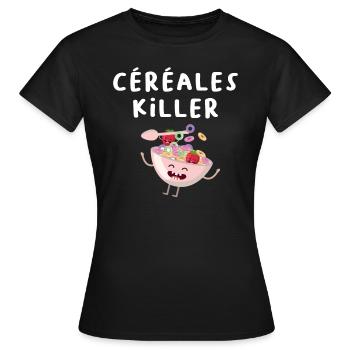 céréales killer. Humour petit déjeuner. Jeu de mot - T-shirt Femme - noir - Devant - AI Model Female 172 dark (172cm)