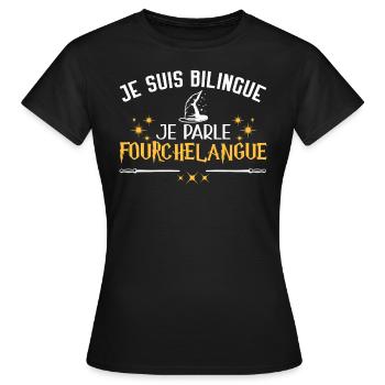 Humour film, cinéma, je suis bilingue, magicien - T-shirt Femme - noir - Devant - AI Model Female 172 dark (172cm)