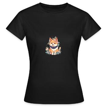 japanisch Hund Shiba Inu Junge mit Blumen Halstuch - Frauen T-Shirt - Schwarz - Vorne - AI Model Female 172 dark (172cm)